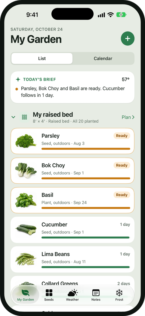 iGarden USA My Garden screen on iPhone, with plantings grouped by garden and a countdown to each harvest